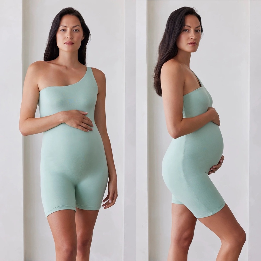 One-Shoulder Mint Maternity Jumpsuit